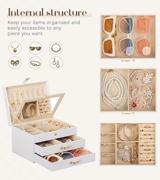 White Jewelry Box with Diamond - Studded Decoration: Multi - Layer Partition, Mirror - Equipped Design, an Excellent Choice for Exquisite Jewelry Storage