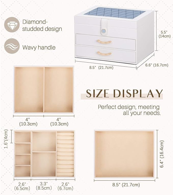 White Jewelry Box with Diamond - Studded Decoration: Multi - Layer Partition, Mirror - Equipped Design, an Excellent Choice for Exquisite Jewelry Storage