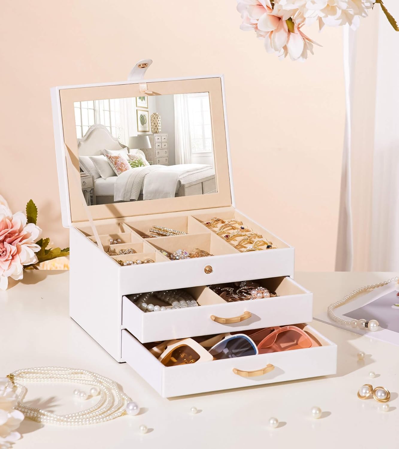 White Jewelry Box with Diamond - Studded Decoration: Multi - Layer Partition, Mirror - Equipped Design, an Excellent Choice for Exquisite Jewelry Storage