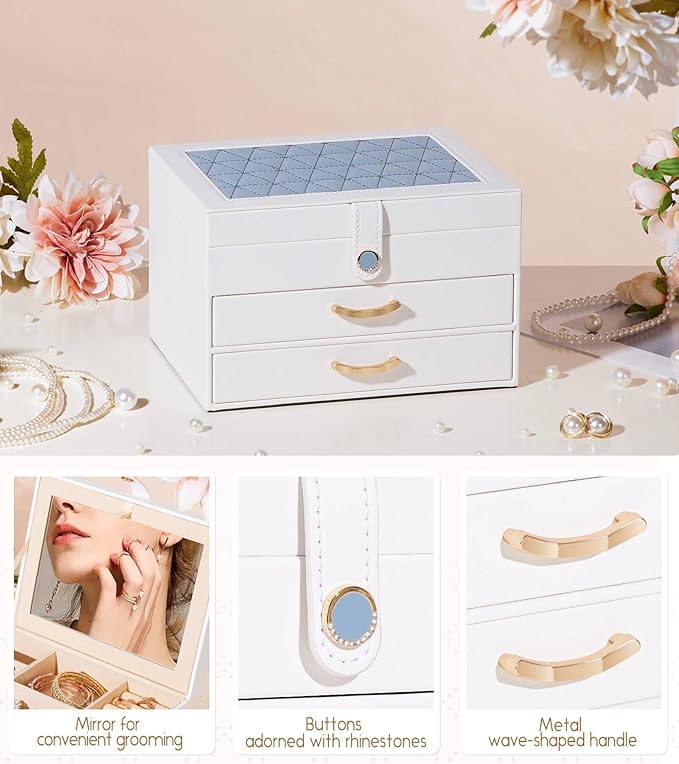 White Jewelry Box with Diamond - Studded Decoration: Multi - Layer Partition, Mirror - Equipped Design, an Excellent Choice for Exquisite Jewelry Storage